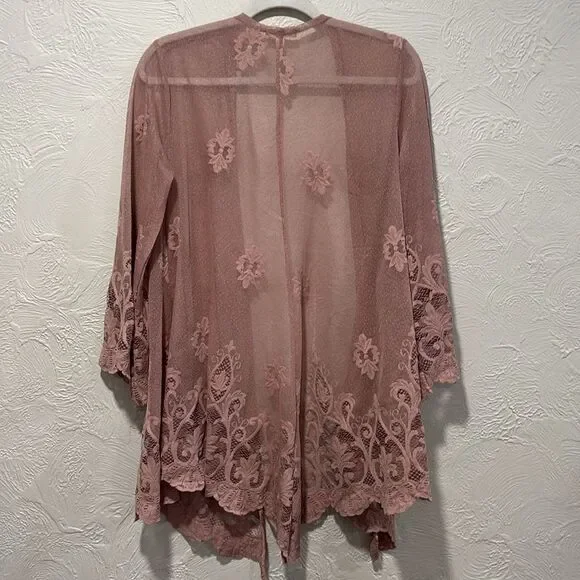 Paper + tee blush pink boho open front lace knit kimono cardigan size small - Picture 4 of 5